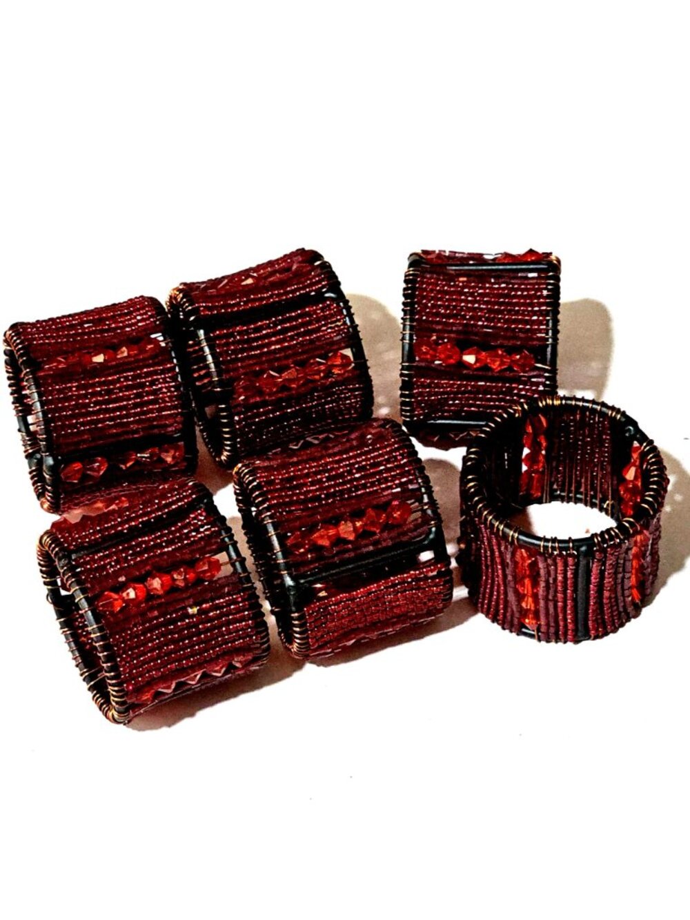Pier 1 Beaded Wire Napkin Rings 2" set- 6 red beads copper wire vintage decor - Picture 7 of 8